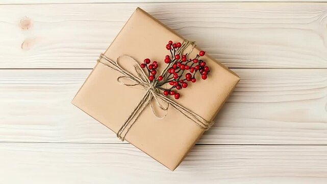 Craft elegant gift presentations with this minimalist package arrangement. A wrapped item adorned with red berries adds a festive touch on a subtle wooden background.