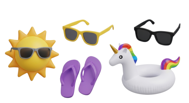 Summer vacation accessories including sunglasses, sun, flip flops, and unicorn float isolated PNG with Transparent Background