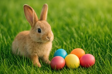 Springtime scene with rabbits and colorful eggs on lush green grass