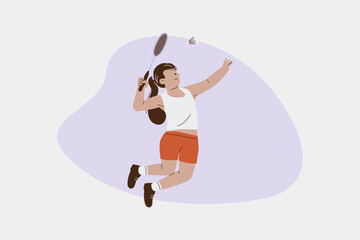 Dynamic Female Athlete Jumping to Hit Badminton Shuttlecock Vector