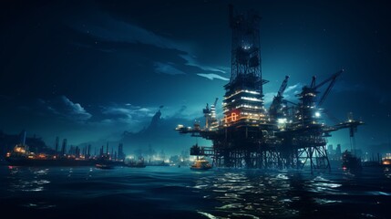 Night scene: offshore oil platform, Jack Up Rig amid sea