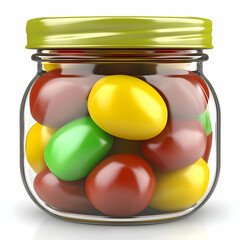A glass jar filled with colorful, round candies