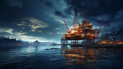 Night scene: offshore oil platform, Jack Up Rig amid sea