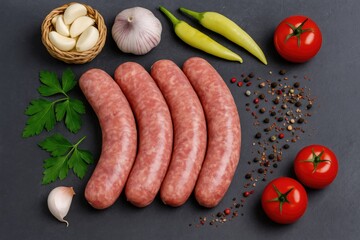 Raw sausage wrapped in intestines served with vegetables and spices on a slate surface