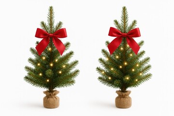 Miniature evergreen trees adorned with festive lights and red ribbons on a plain white background