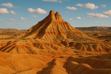 Naklejka premium Semi-arid landscape of Bardenas Reales, Tres Hermanos mountain, protected natural area and biosphere reserve