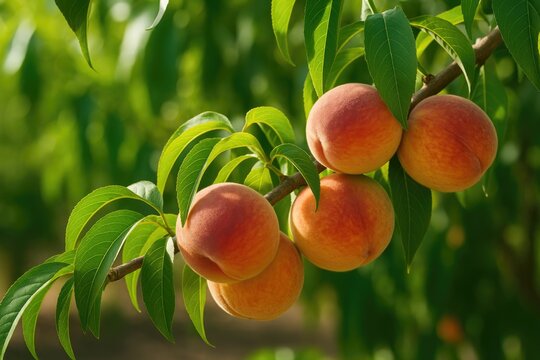 Sun-kissed peaches maturing on a tree branch