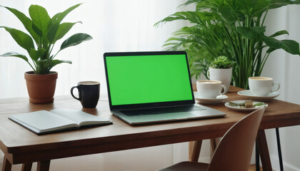 Laptop with a green screen sits on a wooden desk with coffee cups, a notebook, and potted plants in a bright, natural light setting.