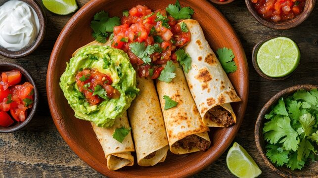 Traditional beef flautas plated with authentic guacamole, salsa, and cilantro garnish at upscale Mexican dining establishment