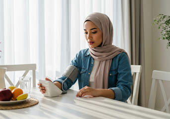 Young woman in hijab checking blood pressure at home in sunlit room