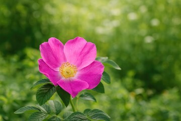Wild garden scene featuring a pink dogrose blossom