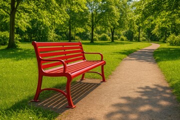 A crimson-colored metal seat situated beside a walkway in a green park