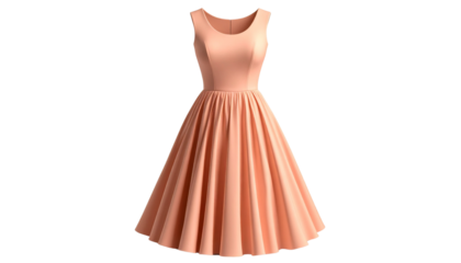 A sleeveless, peach-colored dress with a fitted bodice and a flared, pleated skirt isolated on solid white background Png