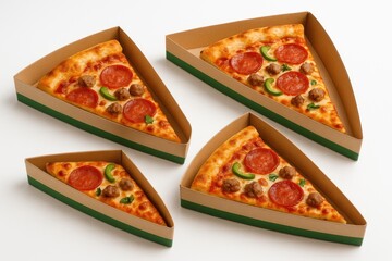 Triangular food containers holding pizza slices on a plain white backdrop, representing food delivery service