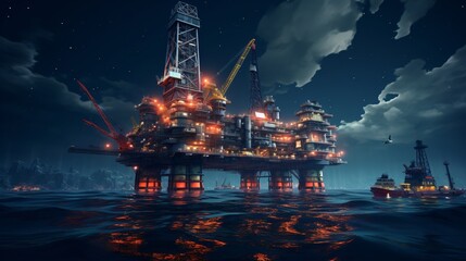 Offshore oil platform, Jack Up Rig at sea in the night