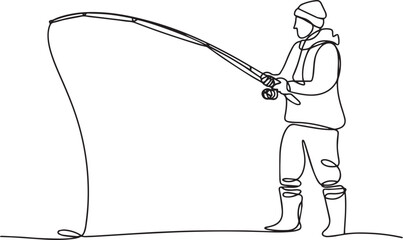 Fototapeta premium Continuous one line drawing of man fishing in lake with casting hook in minimalist outline vector style