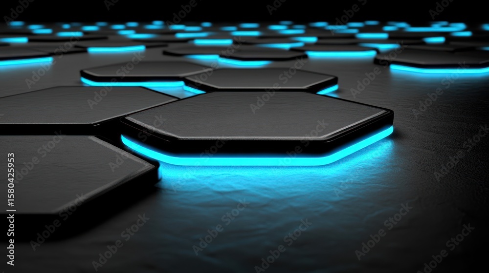 Poster abstract geometric pattern of glowing hexagonal shapes.