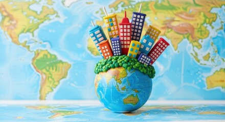 Naklejka premium Colorful City Buildings Model on Globe with World Map Background