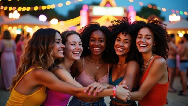 Grupo de cinco amigas diversas vestidas con atuendos coloridos, abraz&aacute;ndose y riendo juntas en un festival