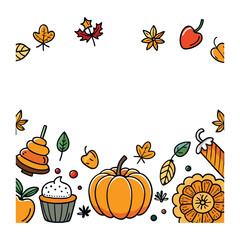 Bright autumn illustration of pumpkins and leaves creates a festive Thanksgiving harvest border design