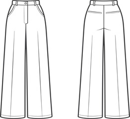 Wide-leg trousers CAD drawing, flat vector illustration, fashion design template, technical garment sketch, front and back view, apparel