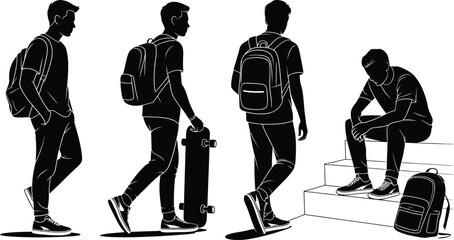 Teenager silhouette vector set of boys with backpack in walking, skateboarding, and sitting on steps poses