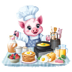 Adorable pig chef with breakfast spread.