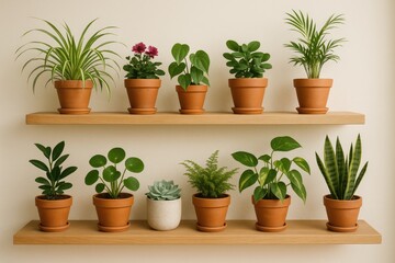 Obraz premium Indoor greenery displayed on wooden shelving units