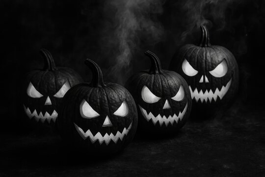 Eerie monochrome Halloween scene with strange pumpkins and smoky darkness