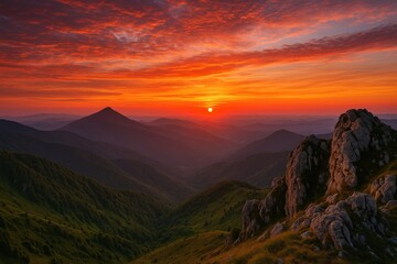 Obraz premium Breathtaking evening view over vibrant mountain ranges with rocky hills and fiery sunset sky