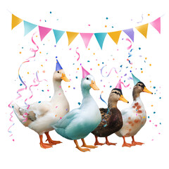 Party ducks with colorful decorations celebrating.