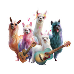 Colorful llamas with guitars in a playful setting