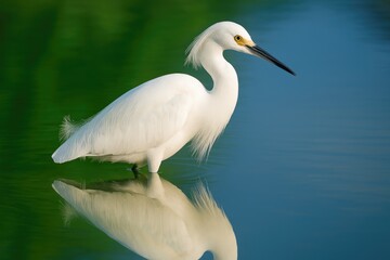 Fototapeta premium Snowy Egret reflecting on water surface