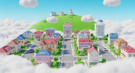 Colorful Miniature Townscape with Hotels and Green Hill in Bright Daylight