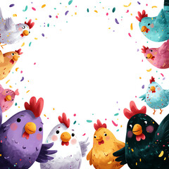 Colorful illustration of cheerful chickens.