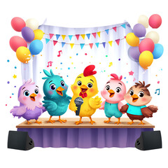 Colorful cartoon birds performing on stage.