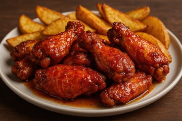 Sweet and spicy chicken wings served with crispy potato wedges