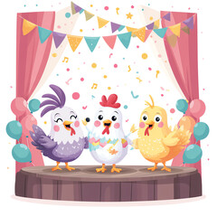 Three colorful cartoon chickens performing.
