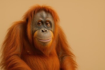 Obraz premium Vibrant portrait of an adorable and humorous Asian orangutan on a plain background with space for text, adult audience. Focus on wildlife preservation and biodiversity awareness.