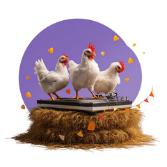 Charming chickens on a colorful haystack.