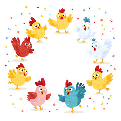 Colorful cartoon chickens in a joyful circle.