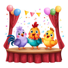 Colorful cartoon chickens celebrating on stage.