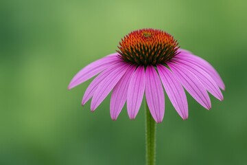 Side perspective of a pink and purple coneflower with a gentle green backdrop