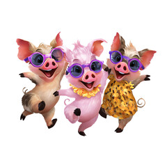 Playful cartoon pigs in colorful accessories.