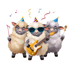 Celebratory sheep playing music together.