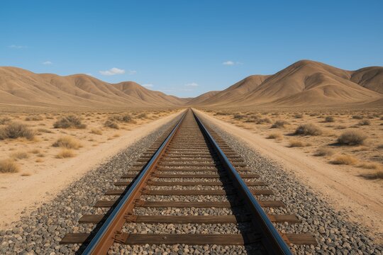 Train traveling through rugged hills beneath a clear blue sky