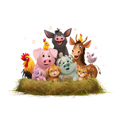 Cute cartoon farm animals in a cozy nest.