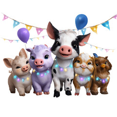 Cute animals celebrating at a festive party.