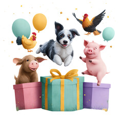 Cute animals celebrating with balloons and gifts.