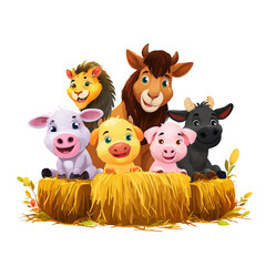 Cute cartoon farm animals on a straw bale.